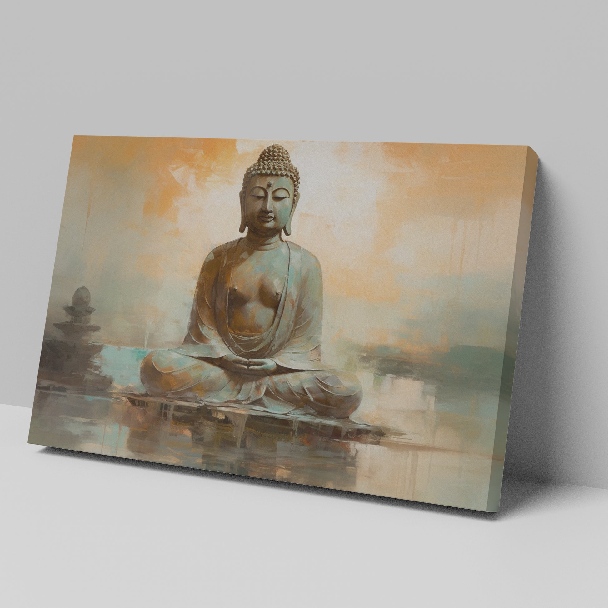 Framed canvas print of serene Buddha in meditation with warm earth tones and tranquil setting