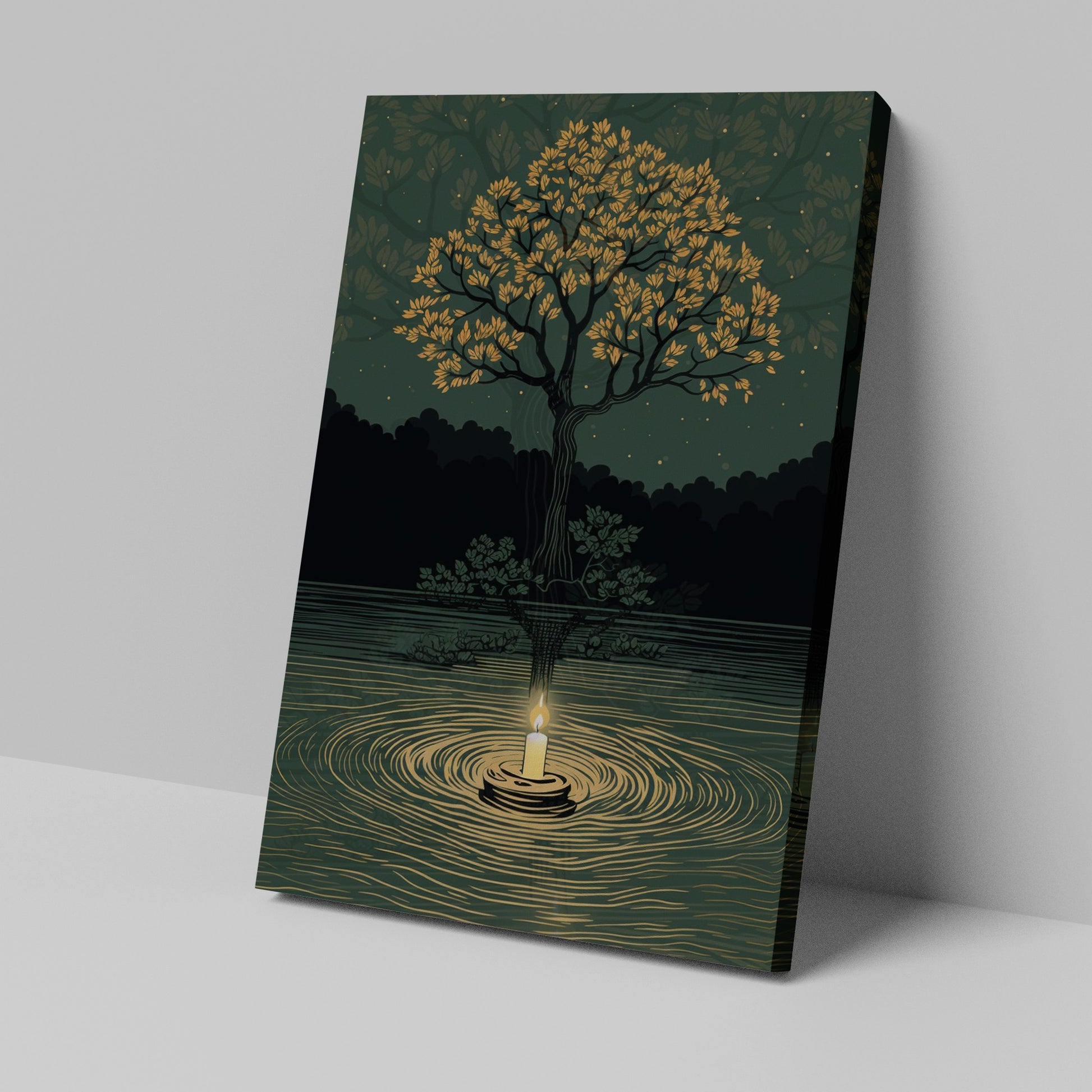 Framed canvas print of a candle's glow reflecting in water under a tree with golden leaves and a starry night