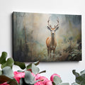 Framed canvas print of a majestic stag in a misty forest setting