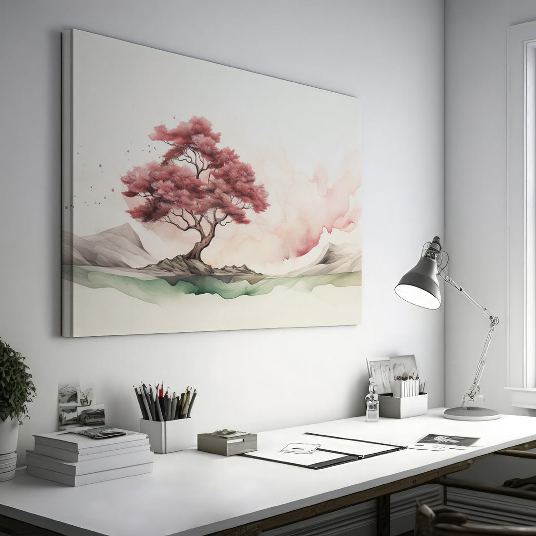 Framed canvas print of a serene ink wash painting featuring a cherry blossom tree and misty landscape