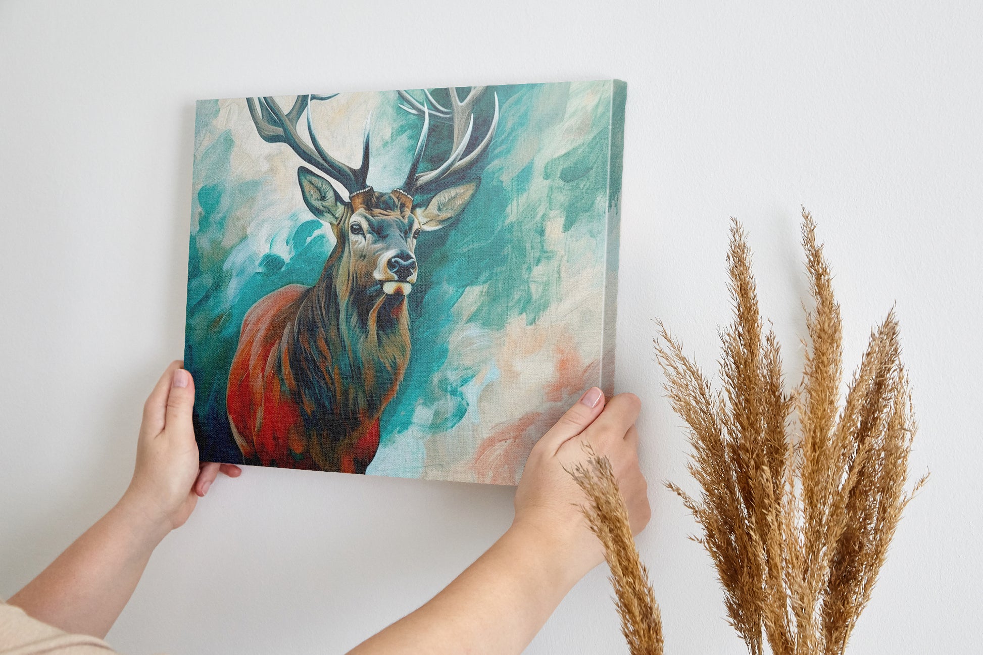 Framed canvas print of a majestic stag with vibrant turquoise and earthy orange tones