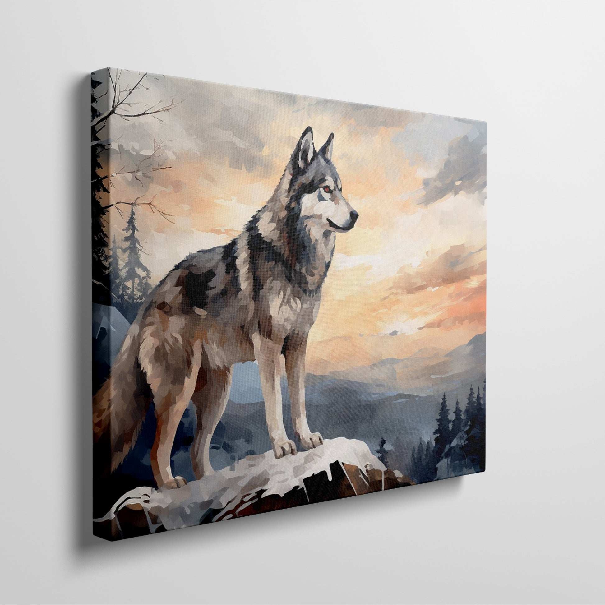 Framed canvas print of a majestic wolf overlooking a forest landscape at sunset