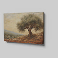 Framed canvas print of a stylised olive tree in a rustic Mediterranean landscape with warm terracotta and olive green tones