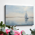 A serene painting of a sailboat on calm blue waters under a vast sky, reflecting a peaceful coastal scene.