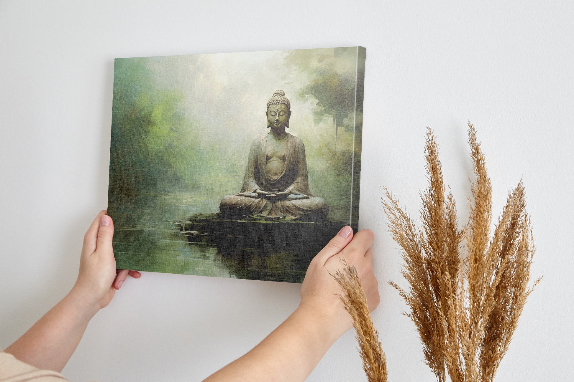 Framed canvas print of a meditative Buddha in serene colors