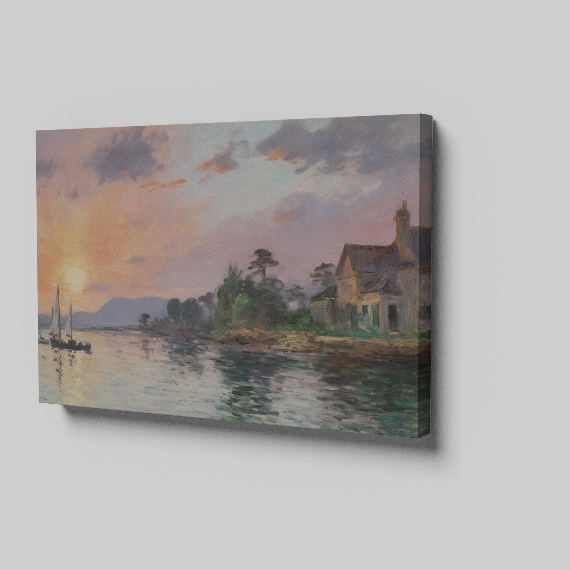 Framed canvas print of an impressionist seascape with sunset and sailing boat