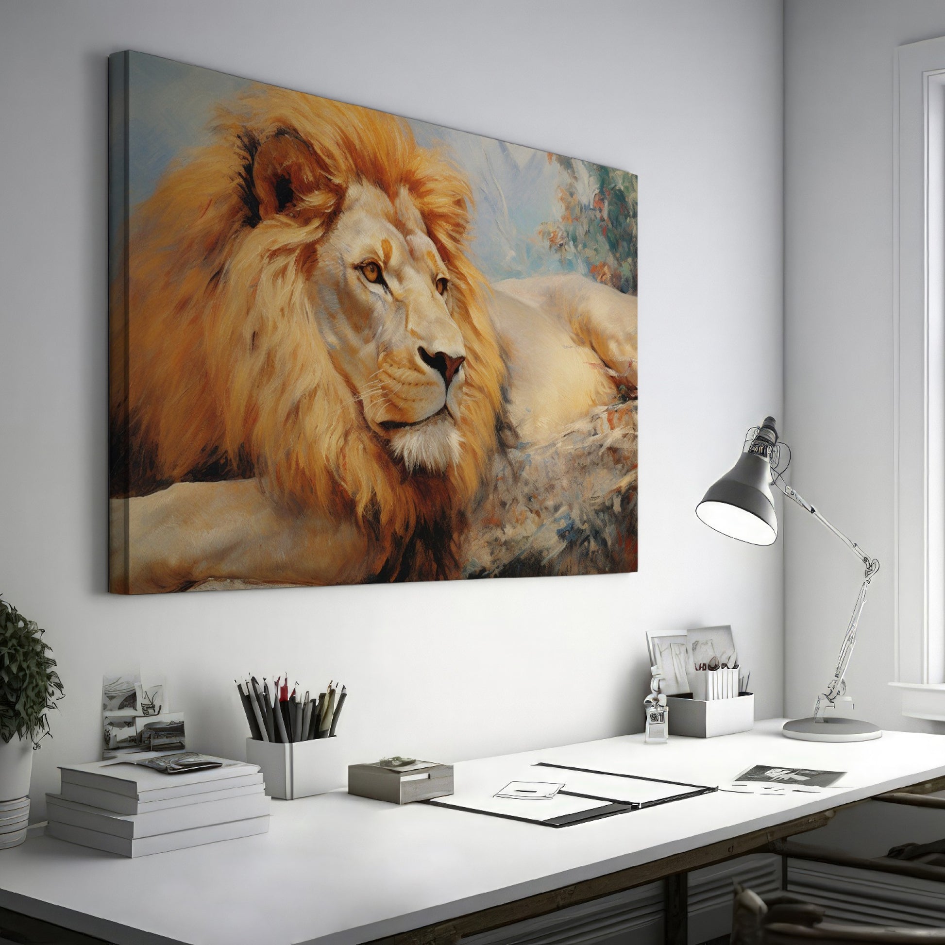 Framed canvas print of a realistic African lion resting, with warm colour tones and detailed texture