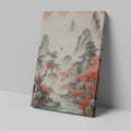 Framed canvas print of Asian mountainous landscape with autumnal trees and birds, in ink painting style