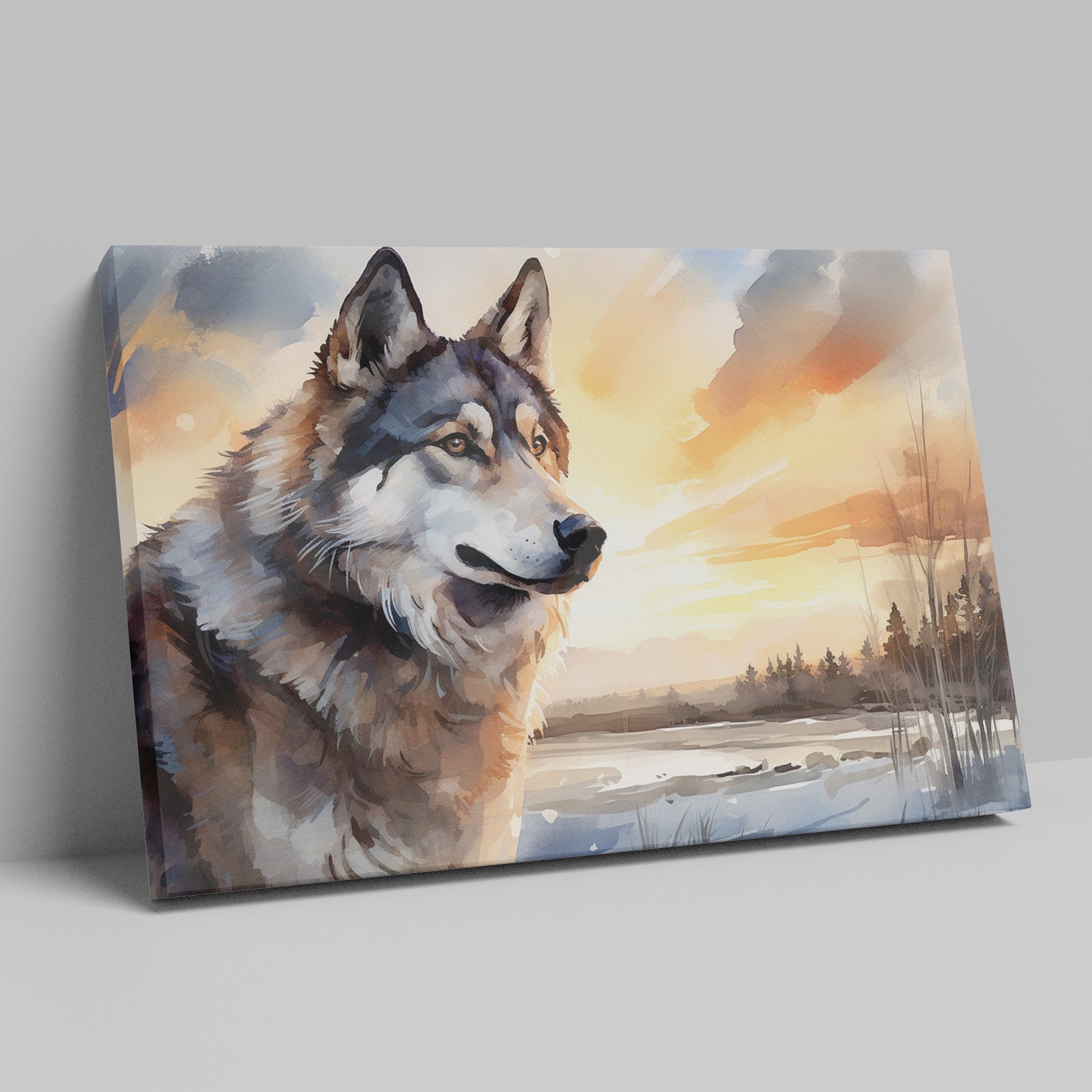 Framed canvas print of a majestic wolf in a sunset landscape with vibrant colours