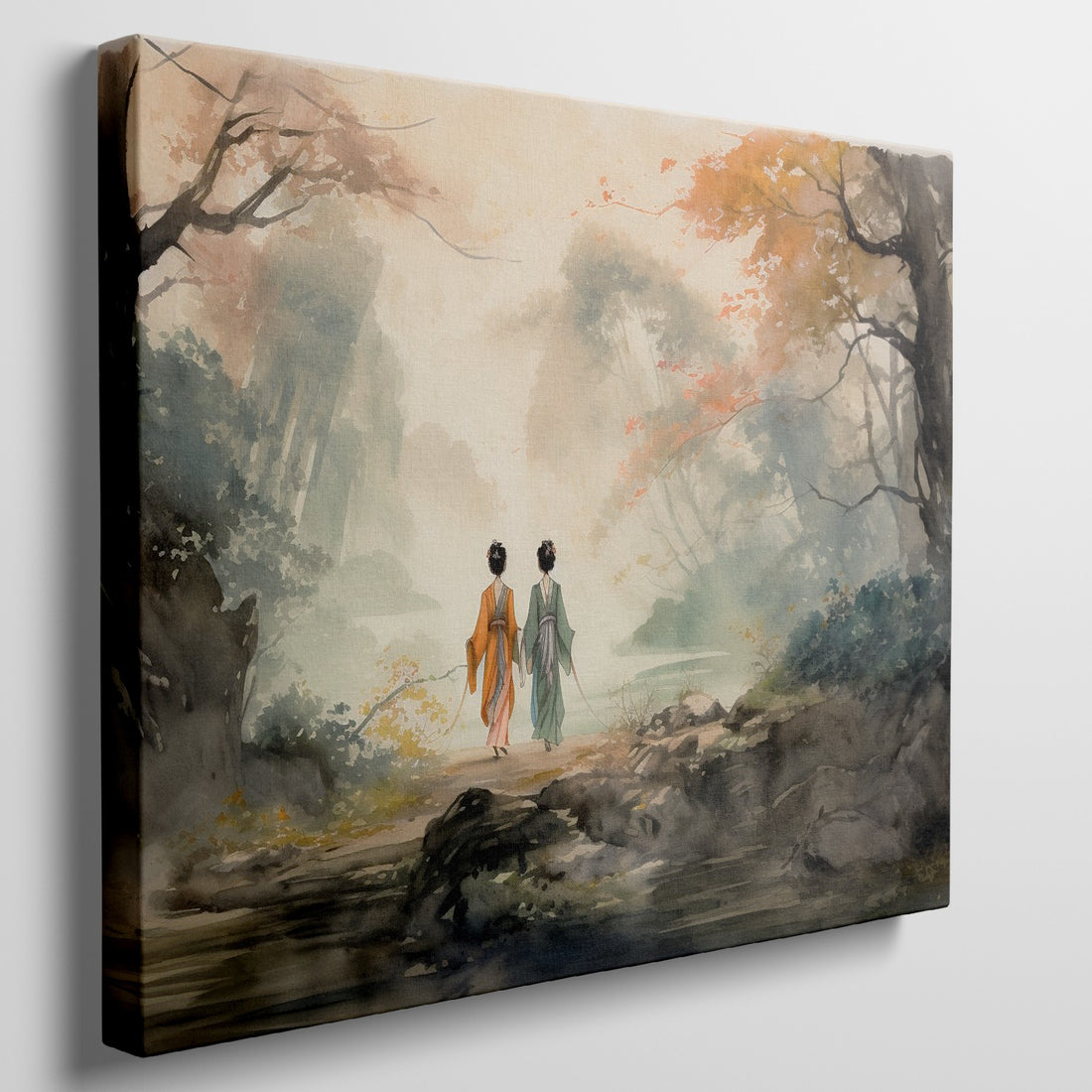 Watercolor painting of a couple walking in an autumnal Oriental landscape with misty background and vibrant foliage