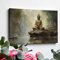 Framed canvas print of a serene Buddha statue in a Zen garden with waterfall