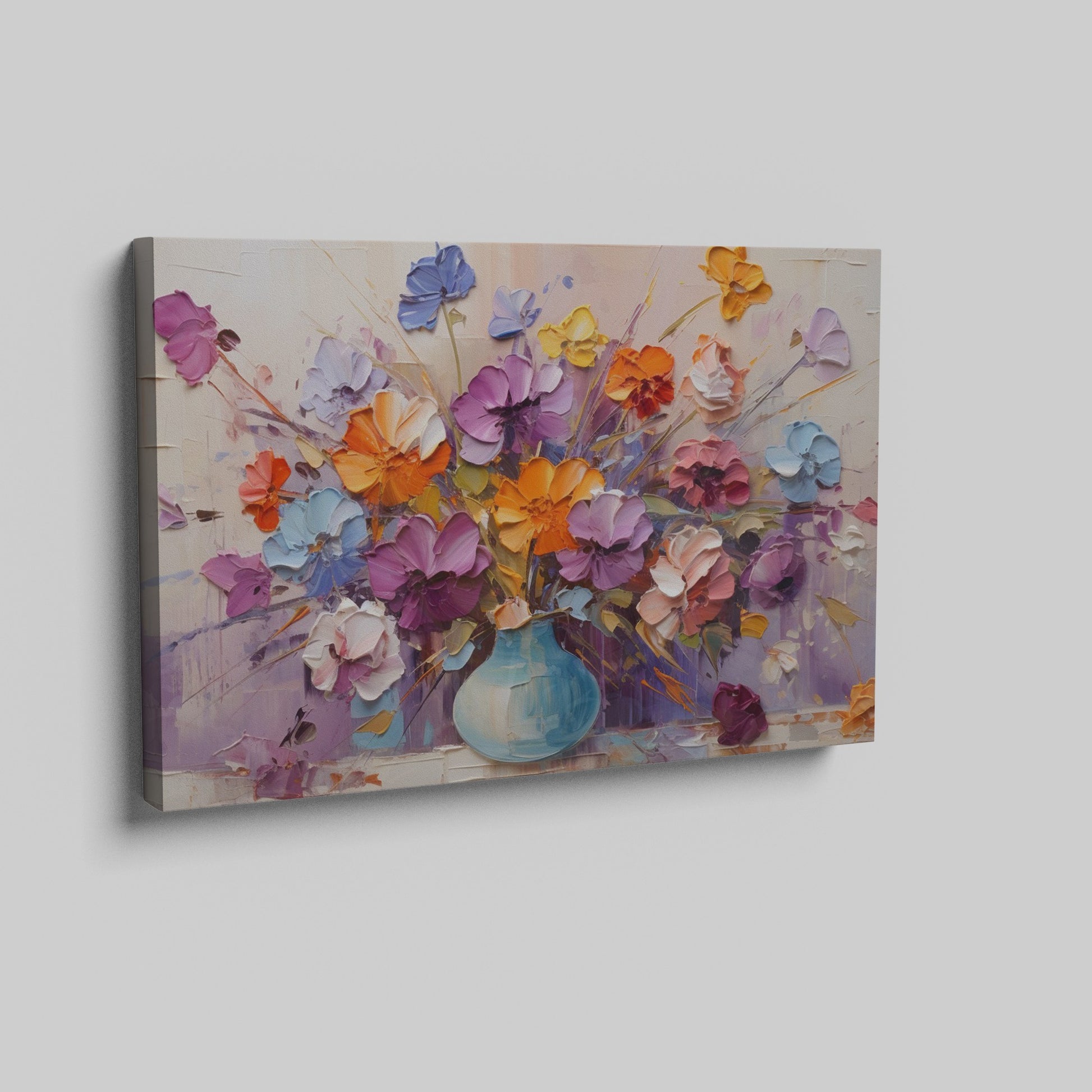 Framed canvas print of vibrant impasto bouquet in a vase with rich textures and colours