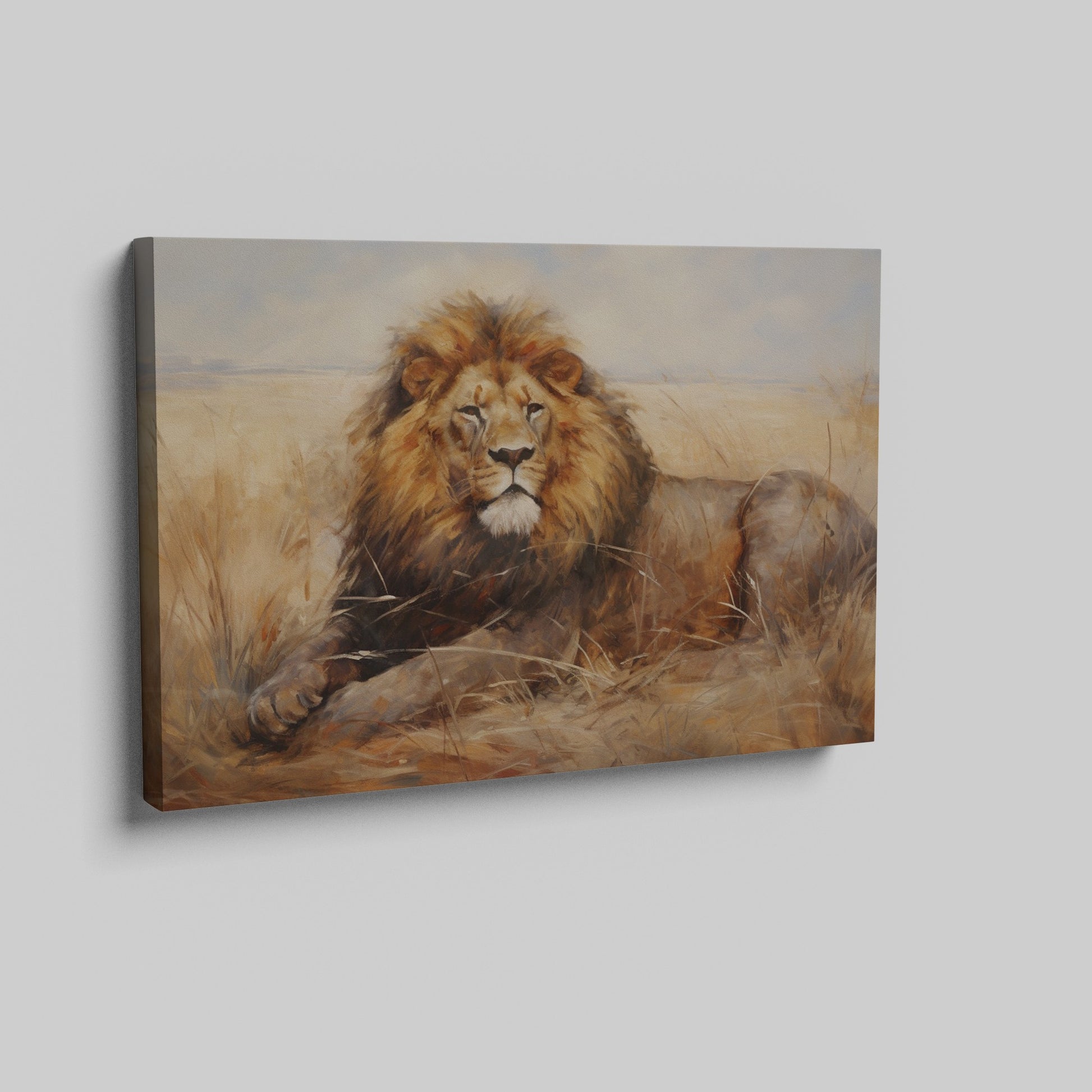 Framed canvas print of a realistic lion resting in the golden savannah