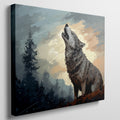 Framed canvas print of a howling wolf in a forest at dusk with vibrant earthy tones