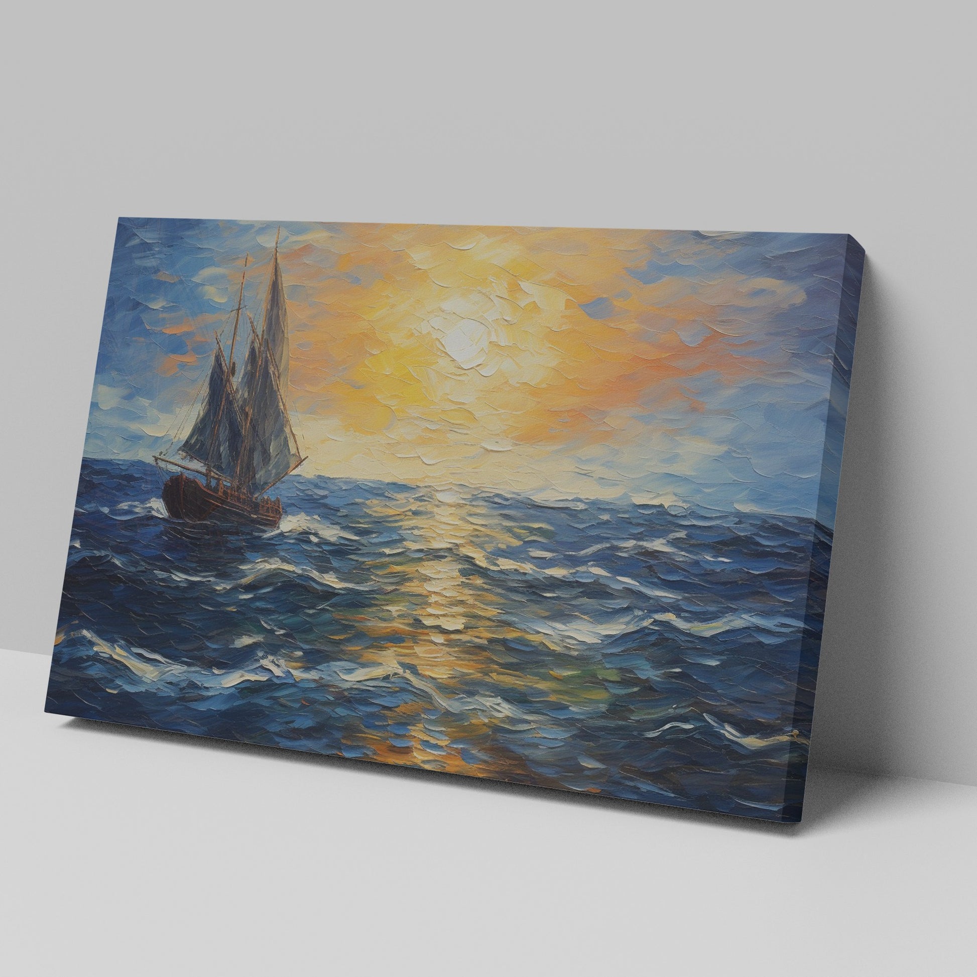 Framed canvas print of an Impressionist painting depicting a sailboat sailing on the ocean at sunset with vivid colours and bold brush strokes