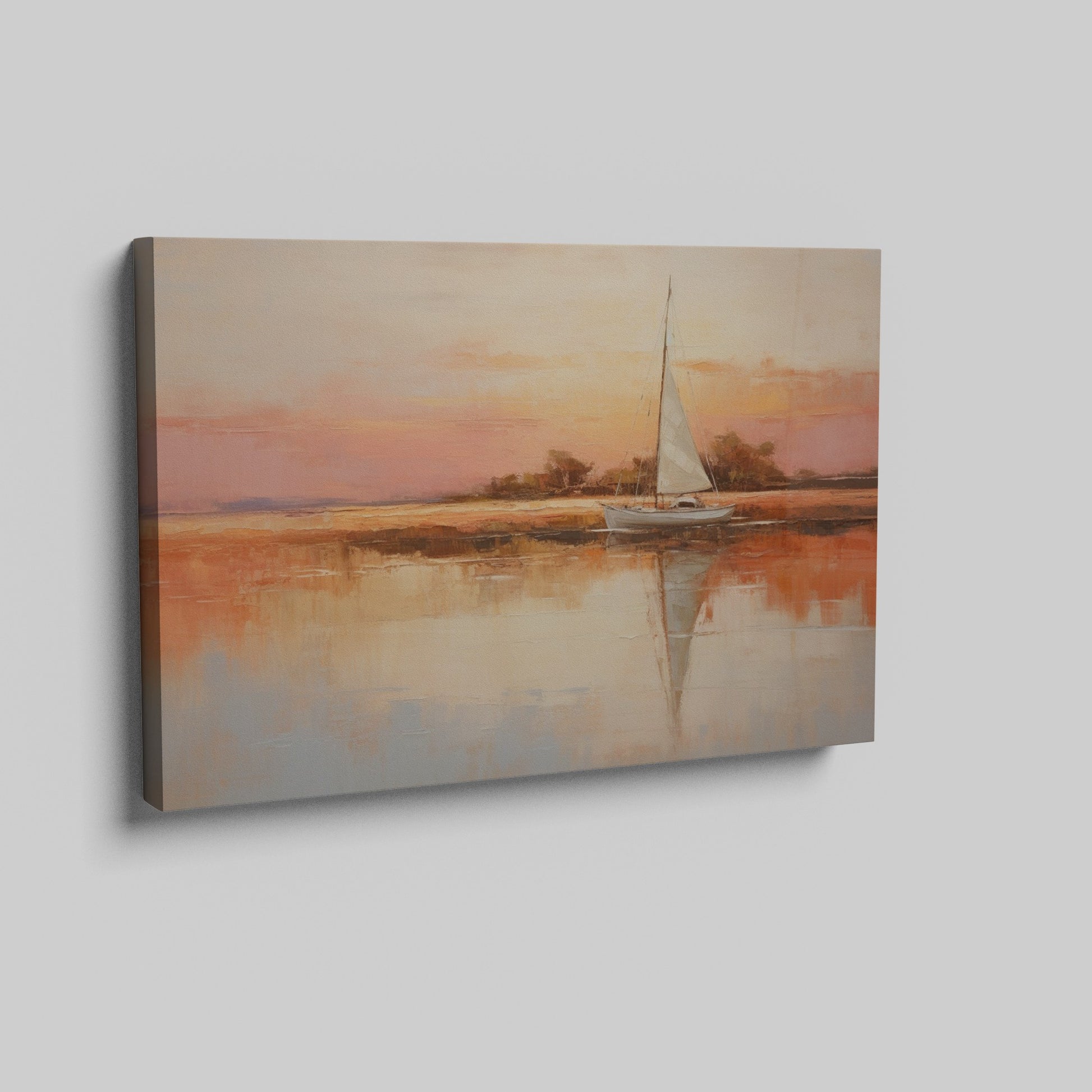 Framed canvas painting of a sailboat at sunset with orange and beige sky reflected in calm blue waters