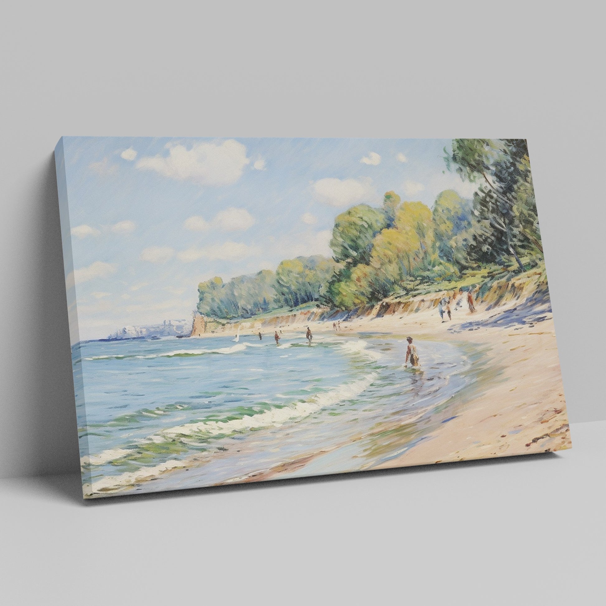 Framed canvas print of an impressionist beach scene with sailboats and people enjoying the shore