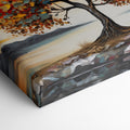 Textured canvas art of a tree with autumn leaves and a serene sunset in the background