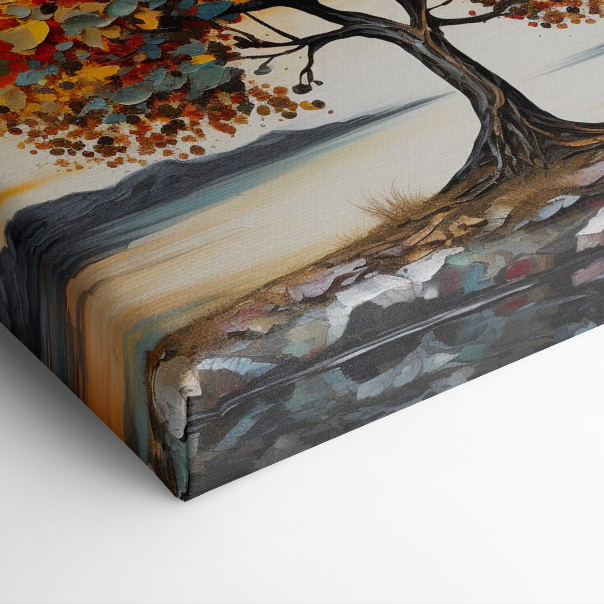 Textured canvas art of a tree with autumn leaves and a serene sunset in the background