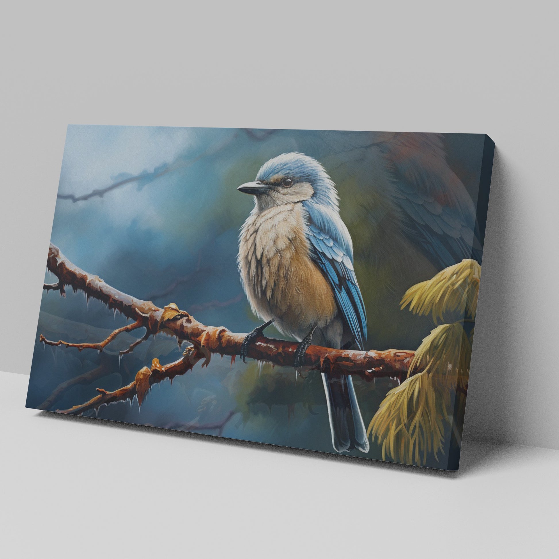 Framed canvas print of a realistic blue jay perched on a branch with intricate detail and vibrant colours