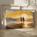 Framed canvas print of romantic couple silhouetted against a vibrant beach sunset