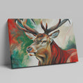 Framed canvas print of a vibrant, abstract impressionistic stag with bold colours and brushstrokes