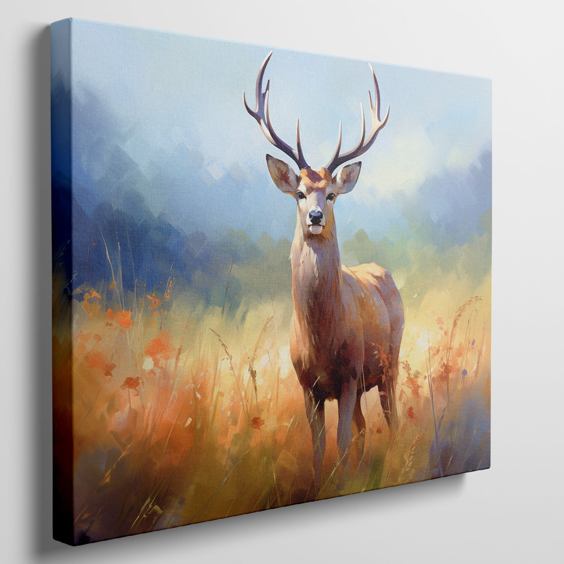 Impressionist-style canvas painting of a stag in a sunny meadow with blue and golden tones