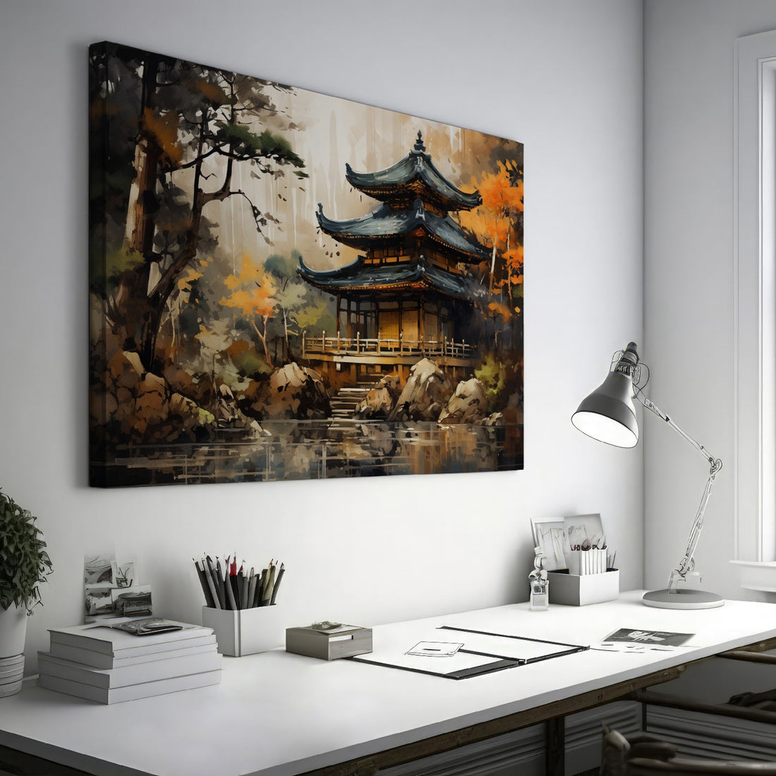 Framed canvas print of an oriental pagoda surrounded by autumn trees and reflection on water