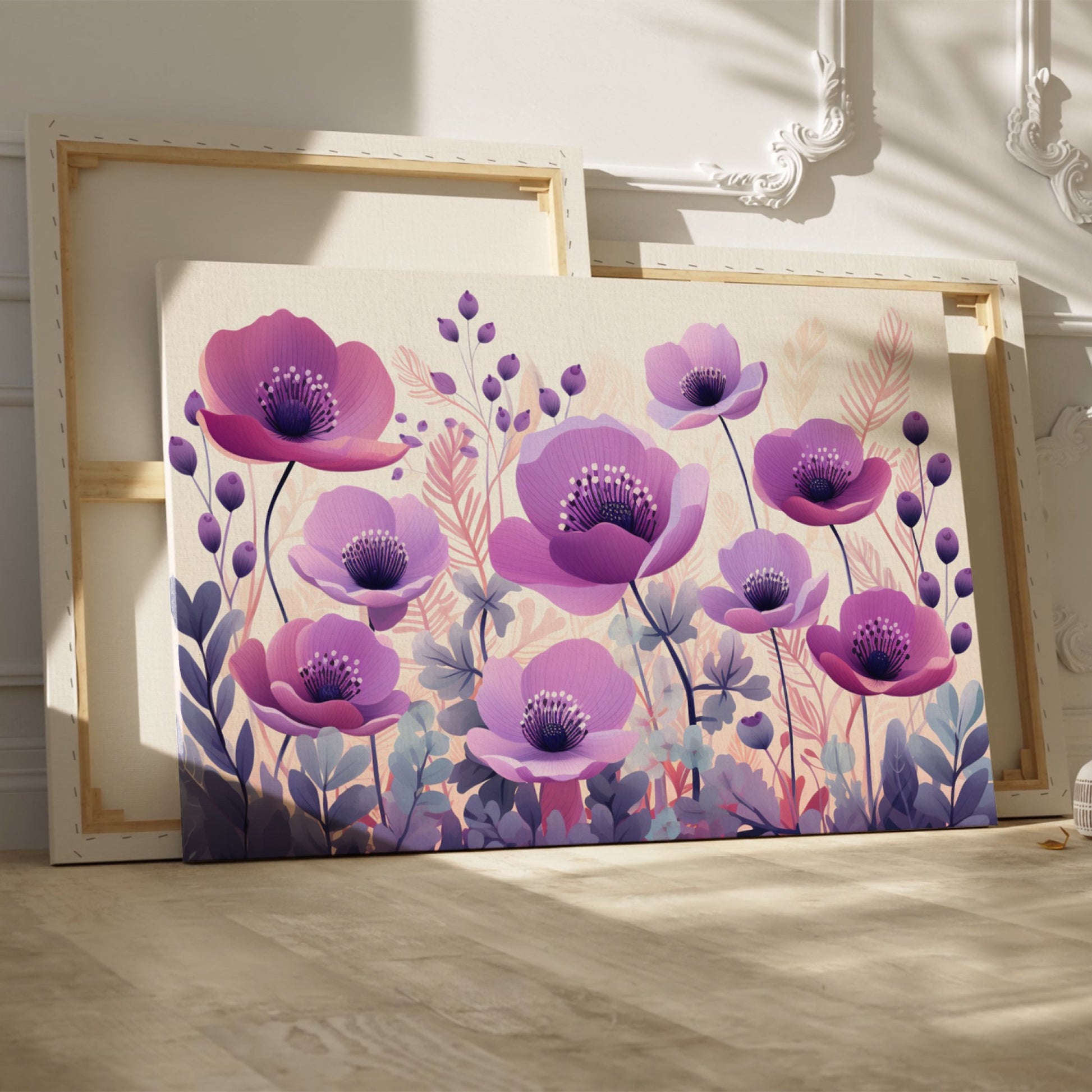 Framed canvas print of stylised anemone flowers in lavender and mauve hues