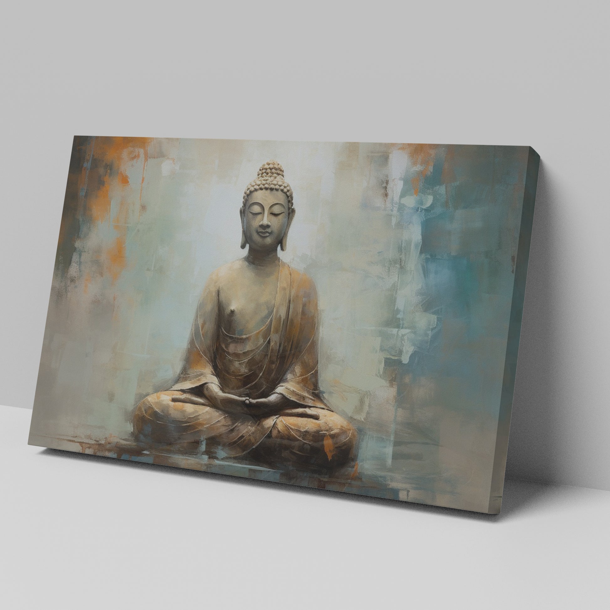 Framed canvas print of a meditative Buddha statue with abstract background in warm and neutral tones