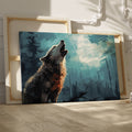 Framed canvas print of a majestic wolf howling in a mystical forest with striking blue and black tones