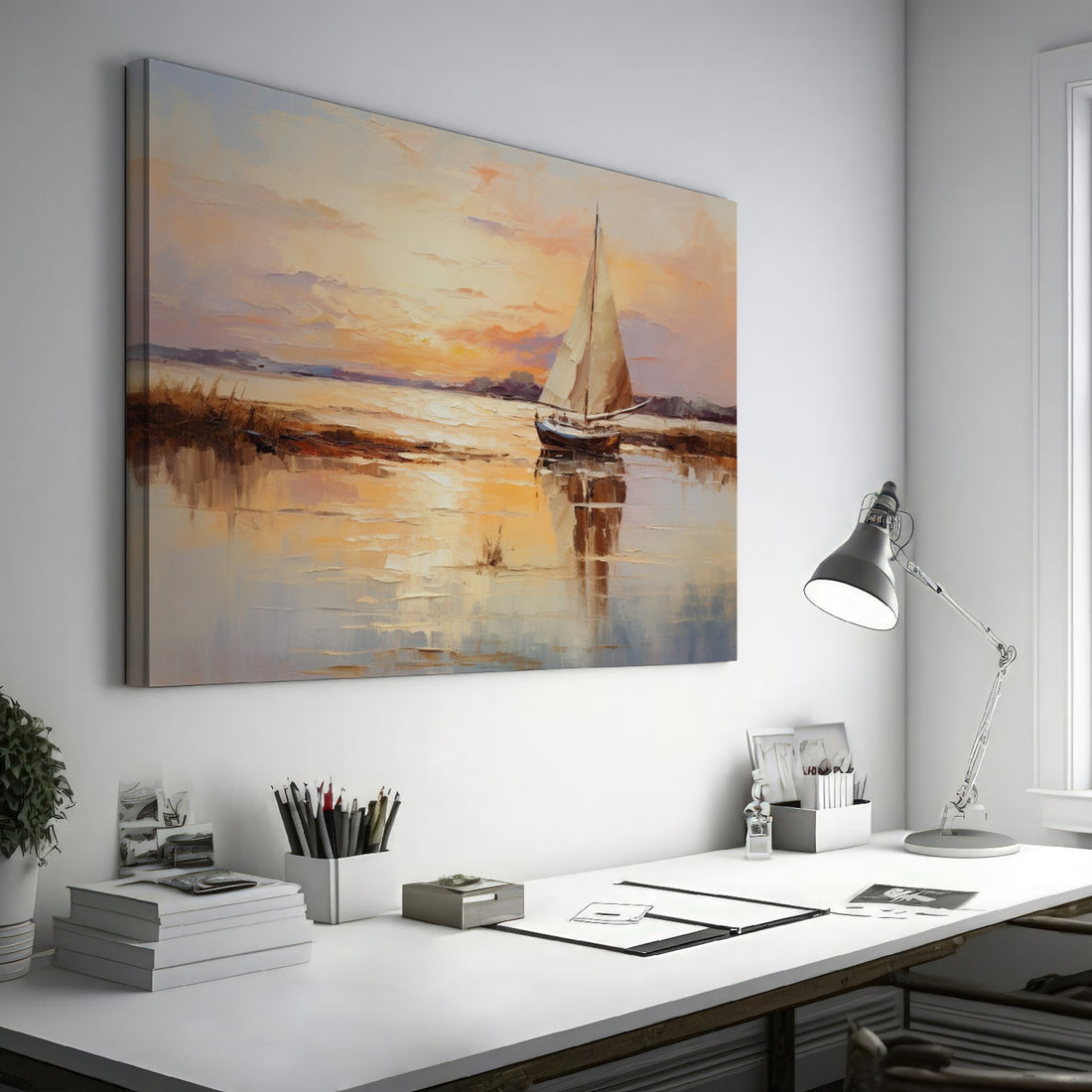 Impressionistic painting of a sailboat on calm waters at sunset with vibrant orange and yellow tones reflecting on the water.