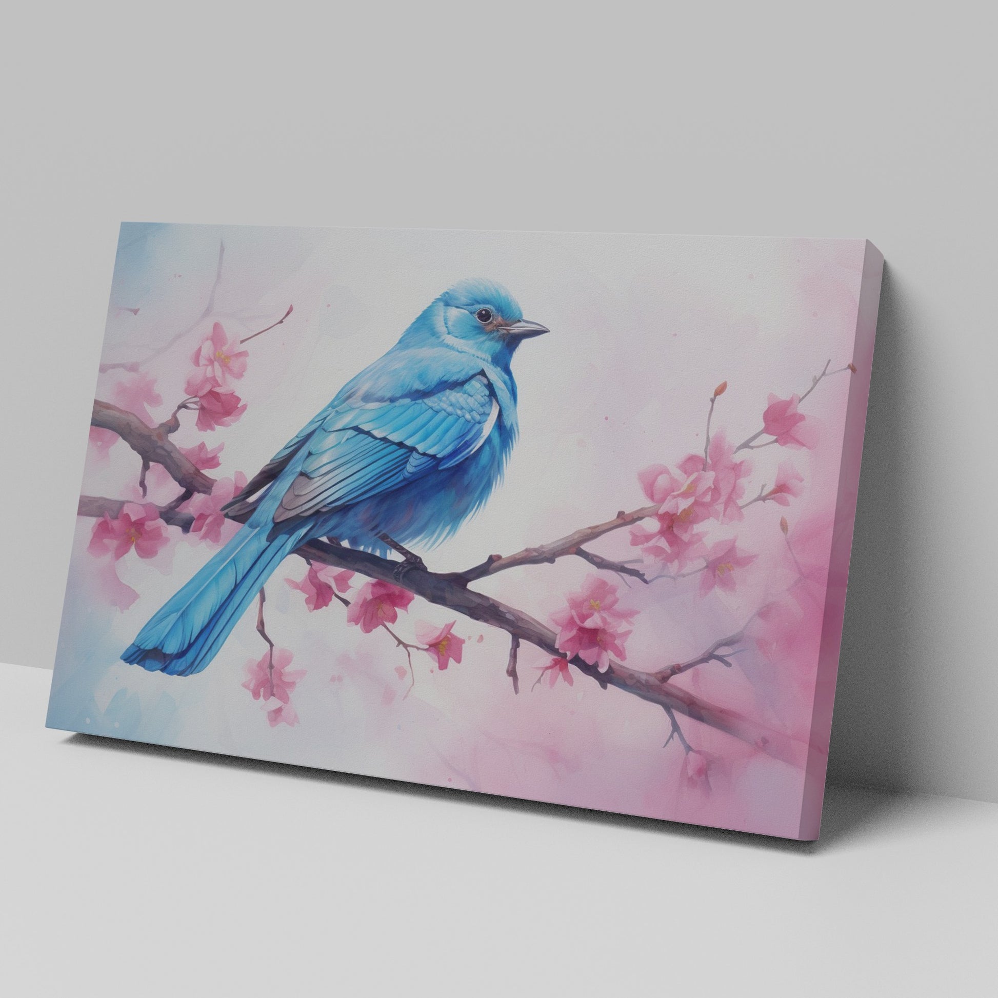 Framed canvas print of a bluebird and cherry blossoms in pastel watercolour