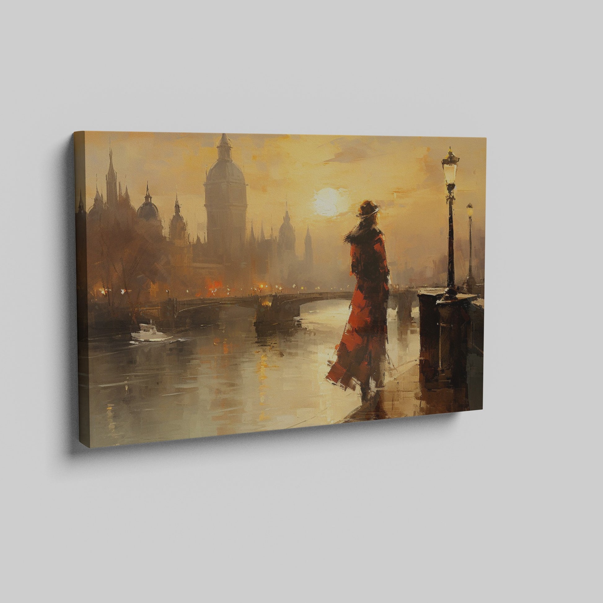 Framed canvas print of a vintage-style sunset over London's Thames, with elegant silhouette and warm colour palette