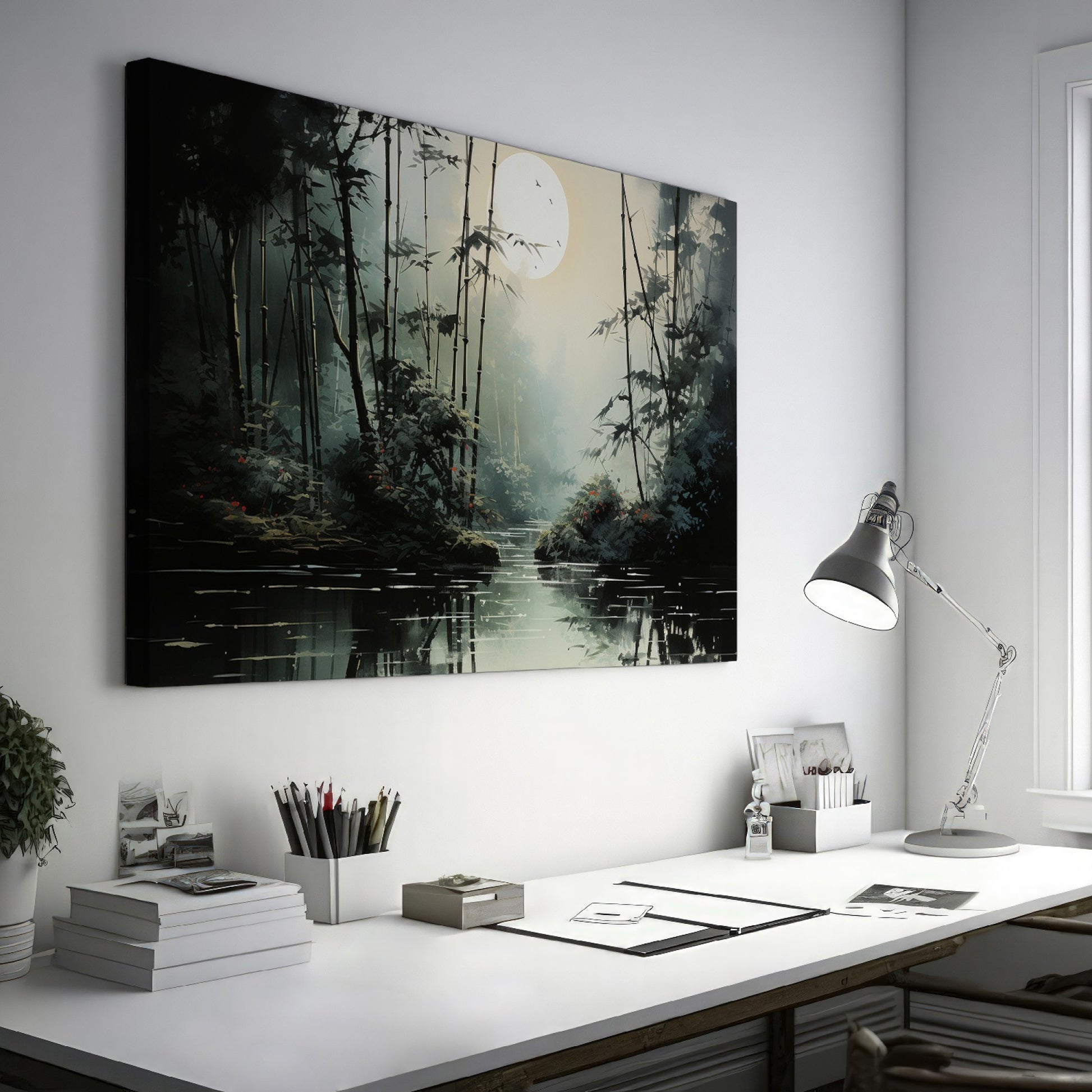 Framed canvas print of a serene bamboo forest under moonlight with water reflections and a misty ambiance