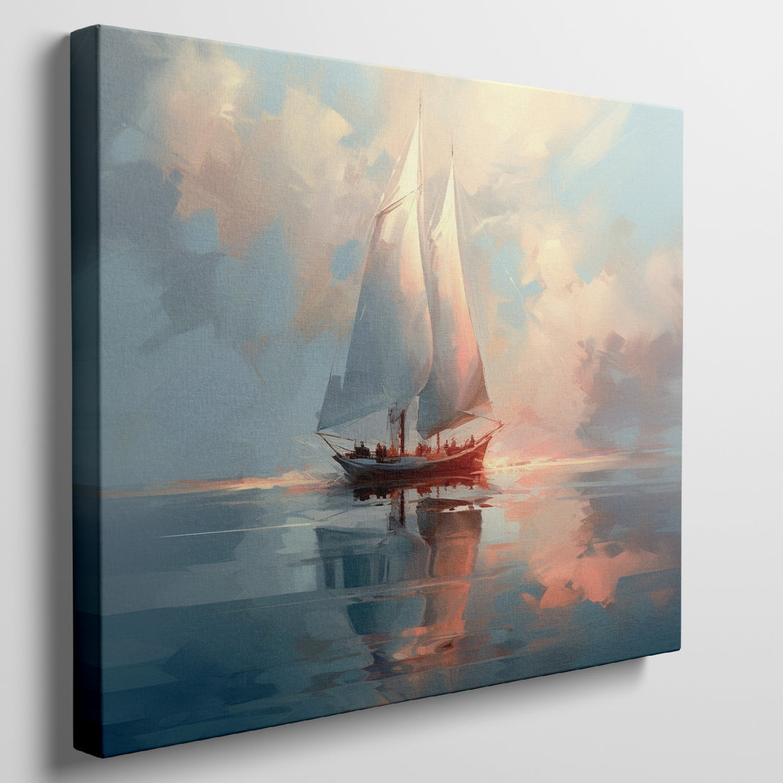 Framed canvas print of an impressionist depiction of a sailboat at sunset with vibrant sky and water reflections