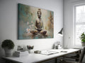 Framed canvas print of serene Buddha in meditation with pastel colours and cherry blossoms