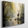 Impressionist painting of a stag by a water body amidst a yellow and brown autumn forest.