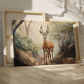 Framed canvas print of a realistic antelope in a misty forest setting with warm, earthy tones