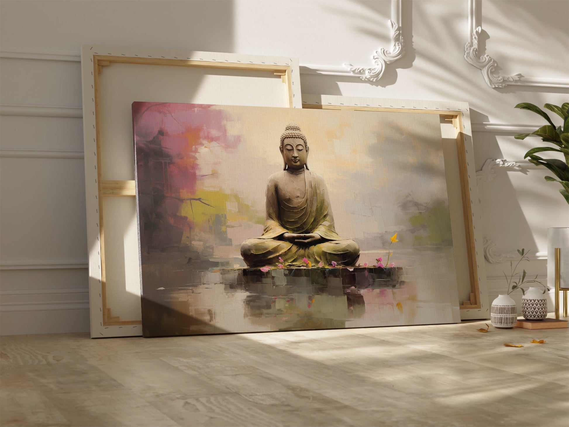 Framed canvas print of a serene Buddha in meditation, with vibrant, reflective water elements and a soft, modern background.