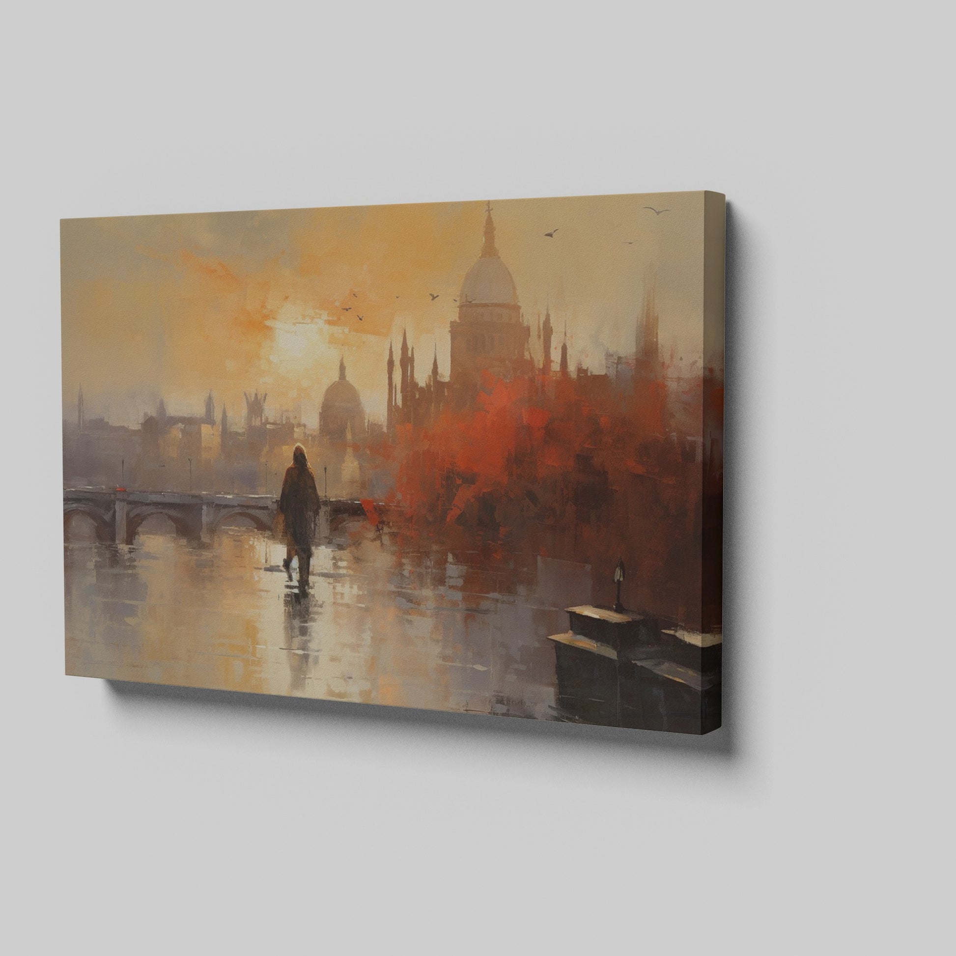 Framed canvas print of an impressionistic cityscape at sunset with reflections on a river