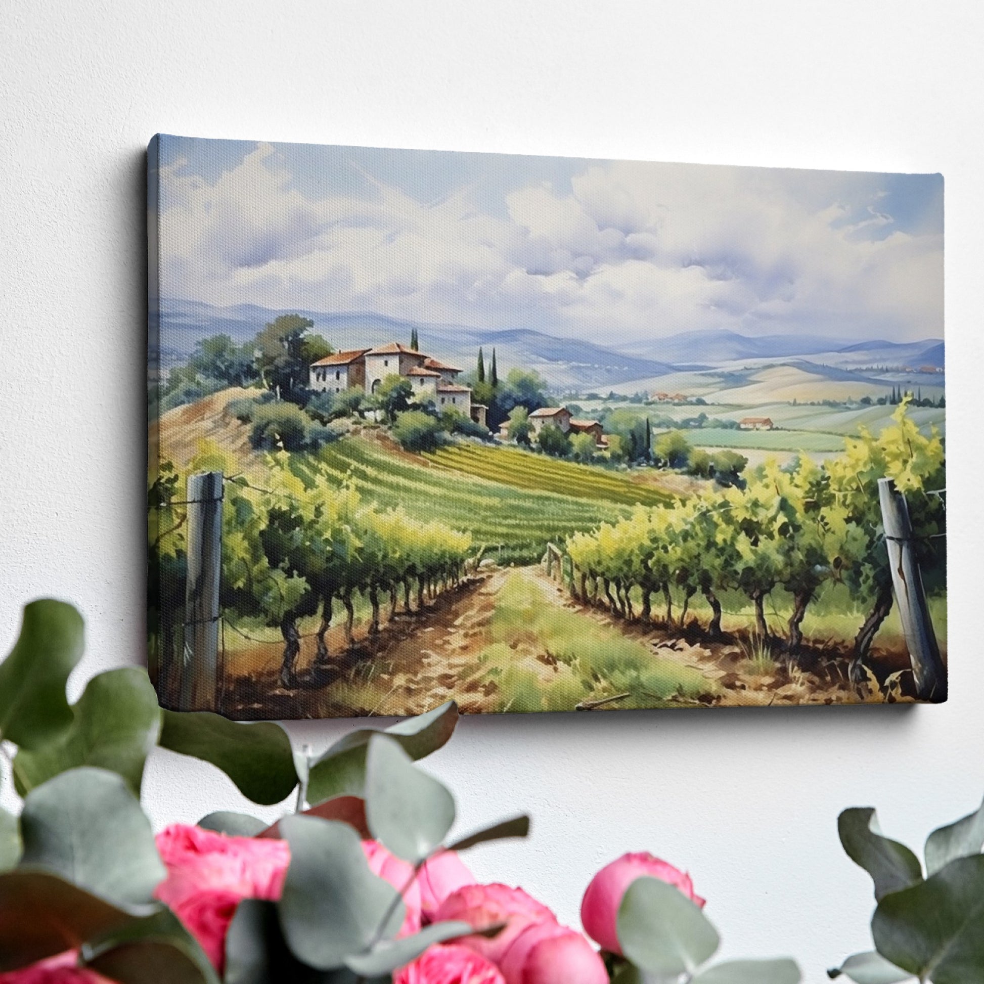 Framed canvas print of a lush Tuscan vineyard landscape with green vine rows and rustic farmhouse