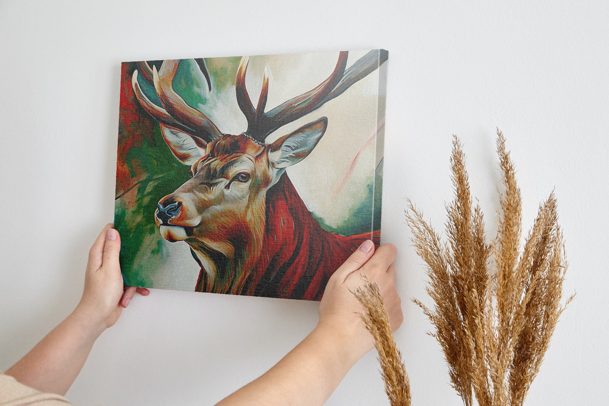 Framed canvas print of a vibrant, abstract impressionistic stag with bold colours and brushstrokes