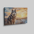 Framed canvas print of a Siberian Husky against a sunset landscape