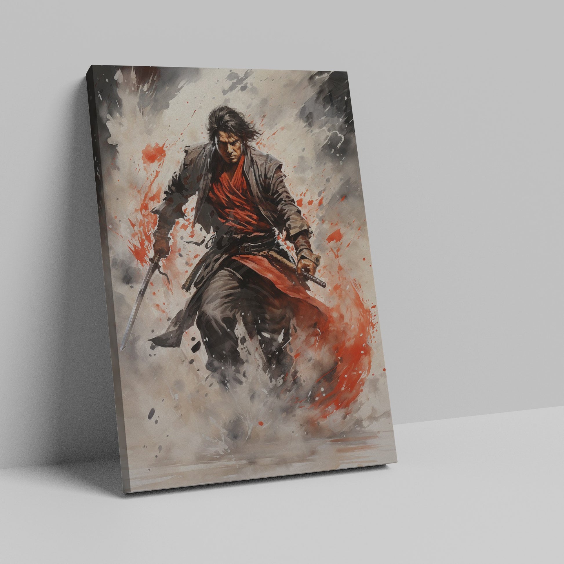 Framed canvas print of a dynamic Samurai warrior in watercolour style with vibrant red accents