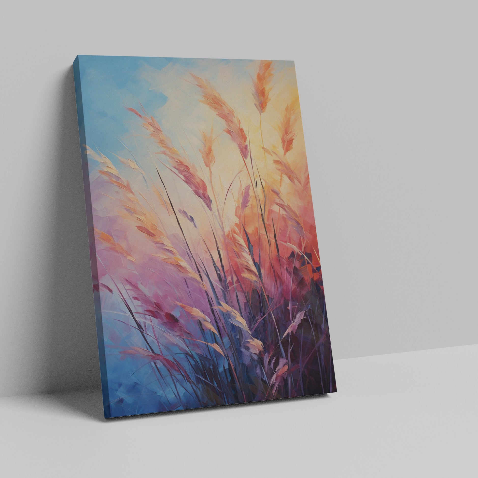 Framed canvas print of abstract pampas grass in sunset colours against a blue sky