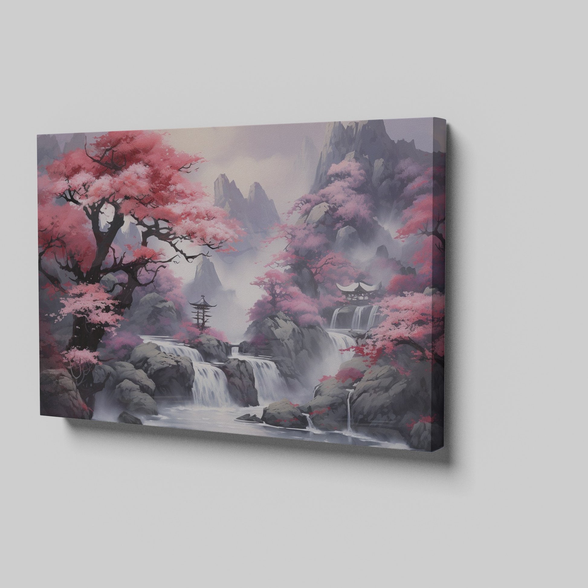 Framed canvas print of a mystic Eastern landscape with cherry blossoms and a mountain waterfall