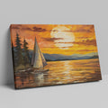 Abstract sailboat at sunset with orange and yellow sky over blue water, bordered by dark trees.