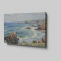 Framed canvas print of a serene seascape with ocean waves, cliffs, and blue skies