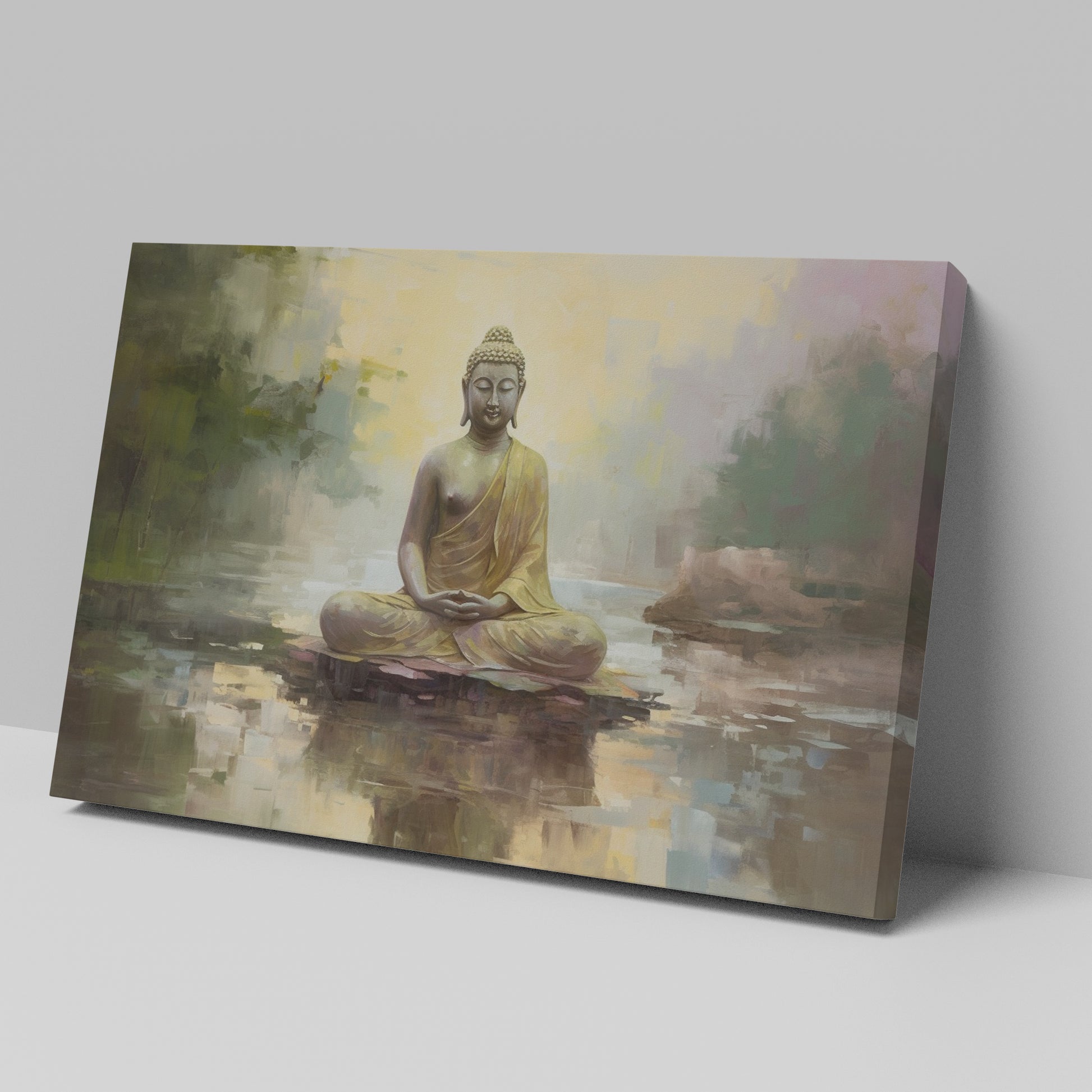 Framed canvas print of a serene golden Buddha seated by water with impressionistic background